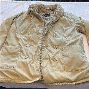 Ben Sherman  Tan Double-Breasted Pea Coat faux fur lined medium front pockets